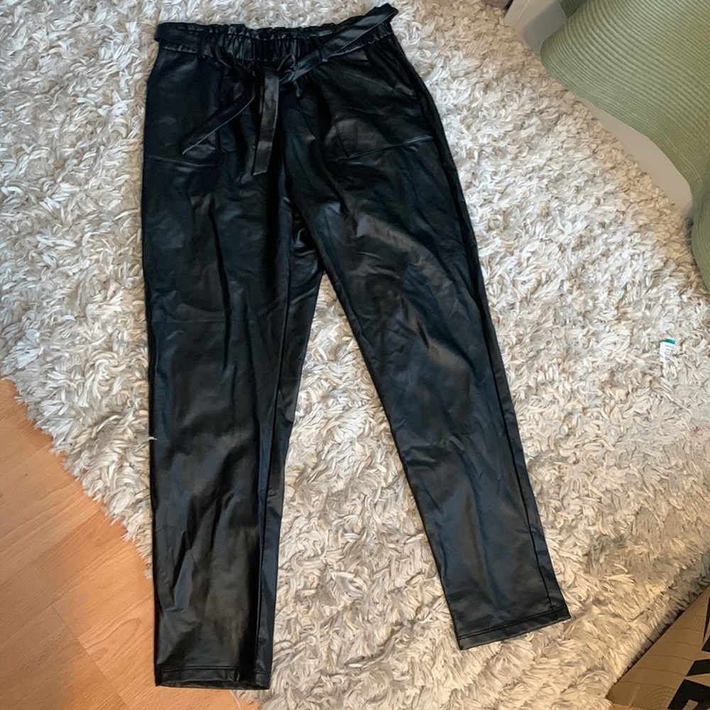 Faux leather paper bag waist pants with tie belt